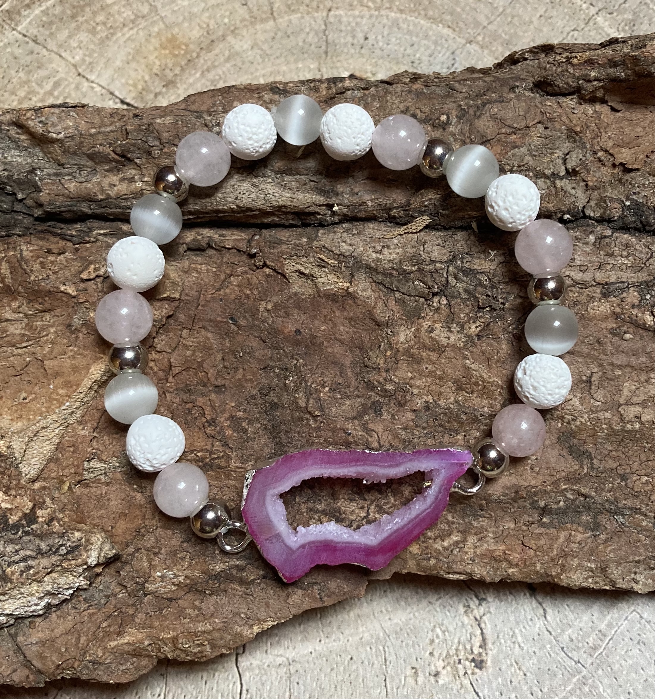 Rose Quartz Lava Crystal Heart Locket Bracelet